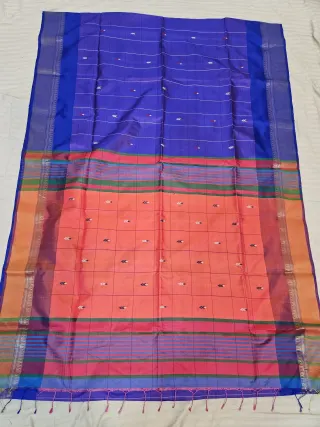 Royal Blue Pure Bishnupur Silk Box Kalakshetra Saree with Peach Pallu