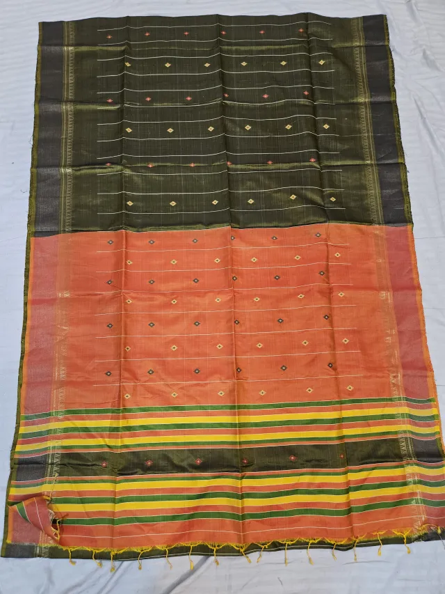 Dark Olive Green Pure Bishnupur Silk Box Kalakshetra Saree with Terracotta Orange Pallu