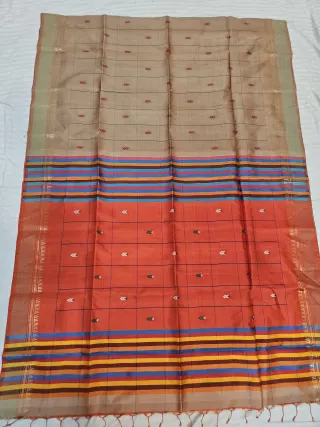 Beige Pure Bishnupur Silk Box Kalakshetra Saree with Terracotta Red Pallu