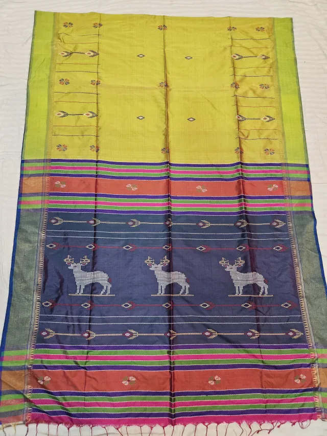 Mustard Yellow Pure Bishnupur Silk Jamdani Kalakshetra Saree with Navy Blue Deer Motif Pallu