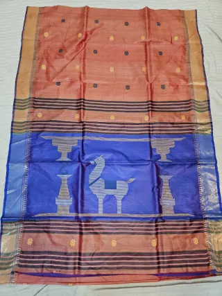 Peach Tussar Pure Bishnupur Katan Silk Kalakshetra Saree with Royal Blue Horse Motif Pallu
