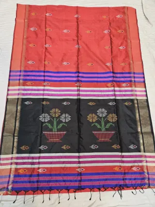 Maroon Pure Bishnupur Katan Silk Kalakshetra Saree with Black Flowerpot Motif Pallu