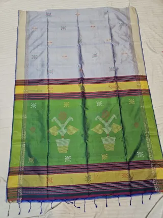 Steel Blue Pure Bishnupur Katan Silk Kalakshetra Saree with Green Flowerpot Motif Pallu
