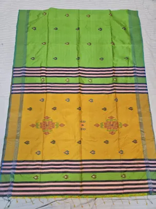 Parrot Green Pure Bishnupur Katan Silk Kalakshetra Saree with Mustard Yellow Pallu