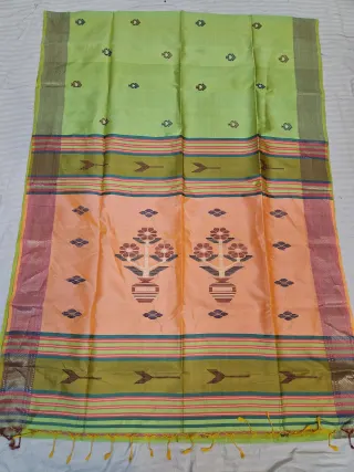 Pista Green Pure Bishnupur Katan Silk Kalakshetra Saree with Peach Flowerpot Motif Pallu