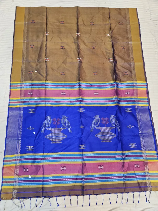 Coffee Brown Pure Bishnupur Katan Silk Kalakshetra Saree with Royal Blue Bird Motif Pallu