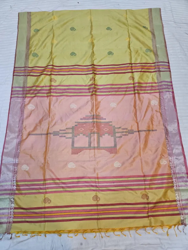 Light Yellow Pure Bishnupur Katan Silk Kalakshetra Saree with Peach Temple Motif Pallu
