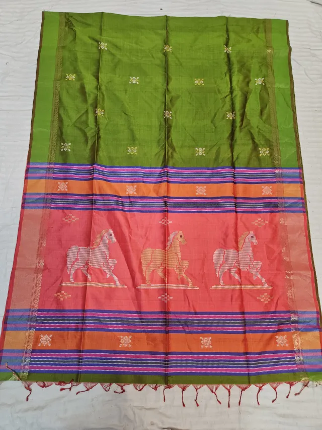 Bottle Green Pure Bishnupur Katan Silk Kalakshetra Saree with Coral Orange Horse Motif Pallu