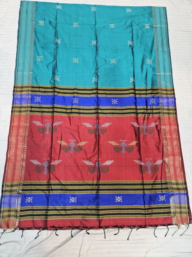 Sky Blue Pure Bishnupur Katan Silk Kalakshetra Saree with Rich Red Butterfly Motif Pallu