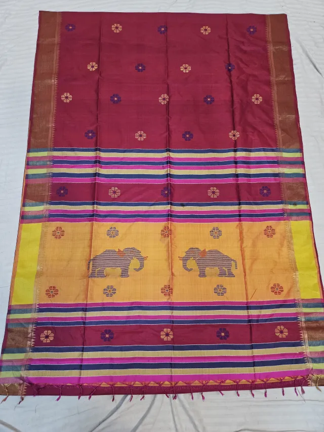 Maroon Pure Bishnupur Katan Silk Kalakshetra Saree with Mustard Yellow Elephant Motif Pallu