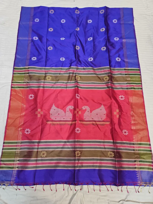 Royal Blue Pure Bishnupur Katan Silk Kalakshetra Saree with Crimson Red Swan Motif Pallu