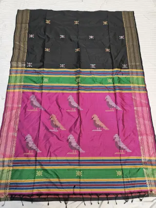 Brown Pure Bishnupur Katan Silk Kalakshetra Saree with Magenta Pink Bird Motif Pallu