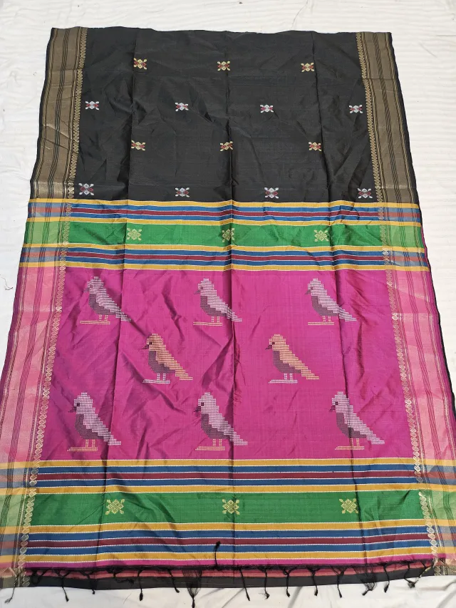 Brown Pure Bishnupur Katan Silk Kalakshetra Saree with Magenta Pink Bird Motif Pallu