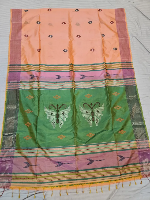 Peach Pure Bishnupur Katan Silk Kalakshetra Saree with Leaf Green Butterfly Motif Pallu