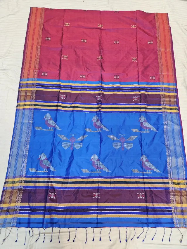 Raspberry Red Pure Bishnupur Katan Silk Kalakshetra Saree with Cerulean Blue Bird & Butterfly Pallu
