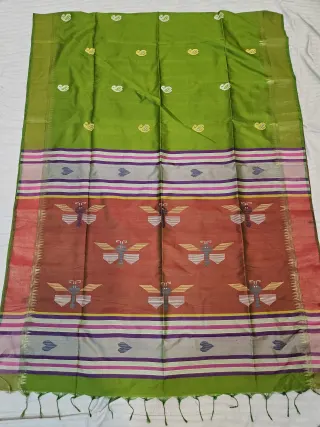 Leaf Green Pure Bishnupur Katan Silk Kalakshetra Saree with Copper Brown Butterfly Motif Pallu