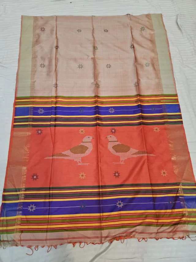 Beige Pure Bishnupur Katan Silk Kalakshetra Saree with Coral Rust Bird Motif Pallu