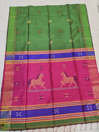 Emerald Green Pure Bishnupur Katan Silk Kalakshetra Saree with Magenta Pink Horse Motif Pallu