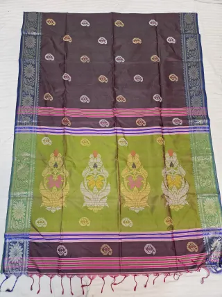 Coffee Brown Pure Bishnupur Katan Silk Revival Kalakshetra Saree with Olive Green Temple Motif Pallu