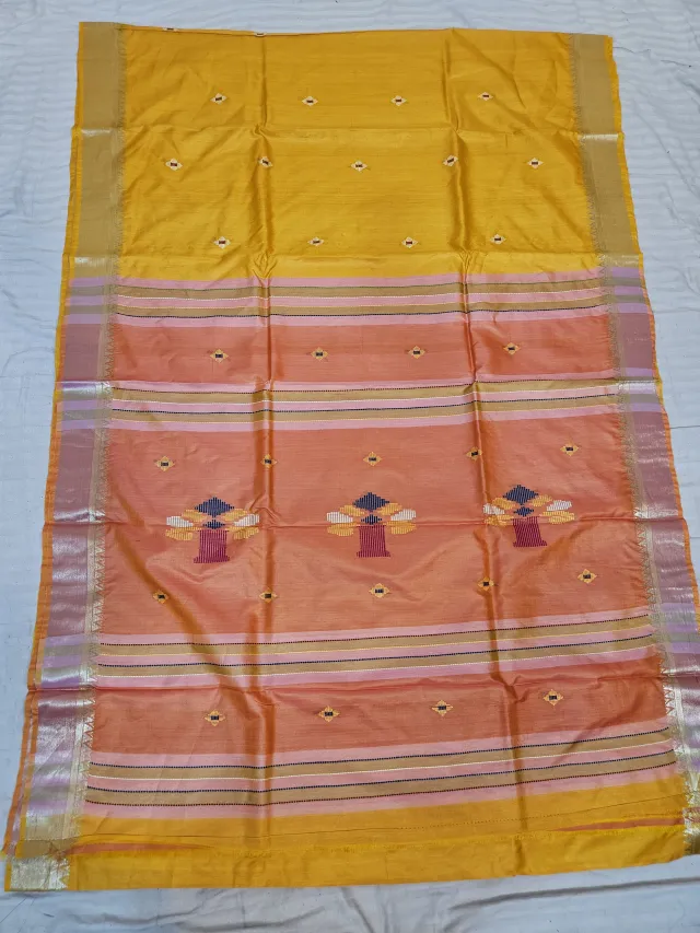 Mustard Yellow Pure Bishnupur Katan Silk Tussar Kalakshetra Saree with Peach Shrine Motif Pallu