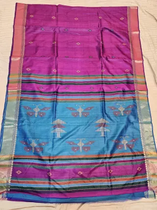 Magenta Pink Pure Bishnupur Katan Silk Tussar Kalakshetra Saree with Sky Blue Butterfly Motif Pallu