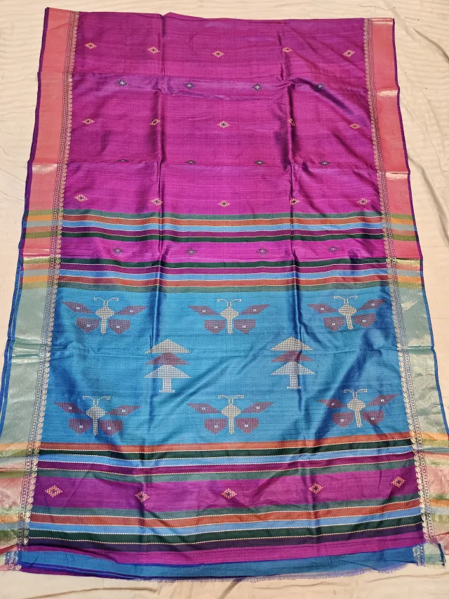 Magenta Pink Pure Bishnupur Katan Silk Tussar Kalakshetra Saree with Sky Blue Butterfly Motif Pallu
