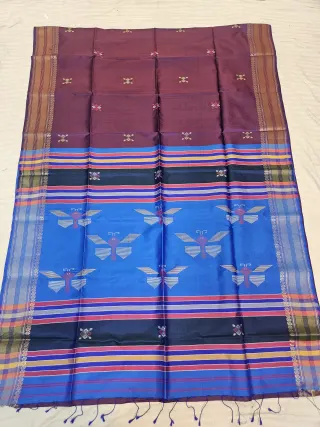 Plum Brown Pure Bishnupur Katan Silk Kalakshetra Saree with Cerulean Blue Butterfly Motif Pallu