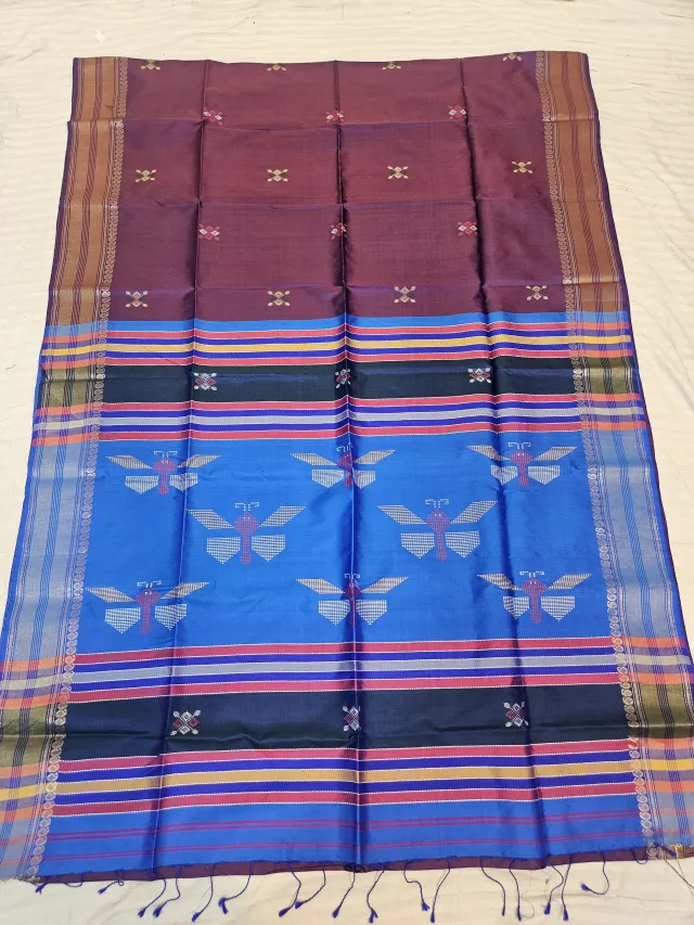 Plum Brown Pure Bishnupur Katan Silk Kalakshetra Saree with Cerulean Blue Butterfly Motif Pallu
