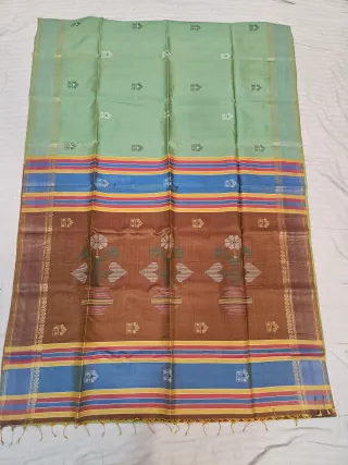 Pista Green Pure Bishnupur Katan Silk Kalakshetra Saree with Coffee Brown Flowerpot Motif Pallu