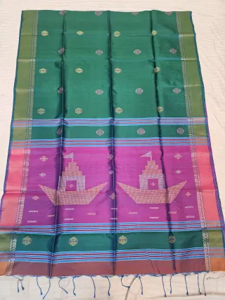 Peacock Green Pure Bishnupur Katan Silk Kalakshetra Saree with Magenta Temple Boat Motif Pallu
