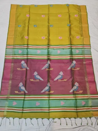 Vibrant Yellow Pure Bishnupur Katan Silk Kalakshetra Saree with Plum Magenta Bird Motif Pallu