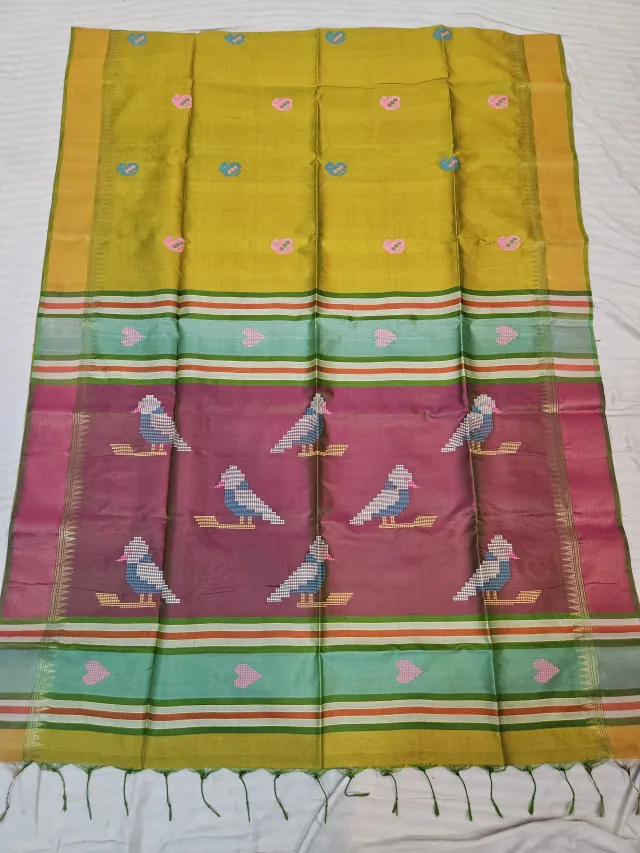 Vibrant Yellow Pure Bishnupur Katan Silk Kalakshetra Saree with Plum Magenta Bird Motif Pallu