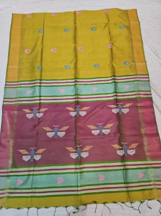 Vibrant Yellow Pure Bishnupur Katan Silk Kalakshetra Saree with Plum Magenta Butterfly Motif Pallu
