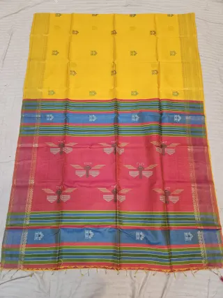 Sunshine Yellow Pure Bishnupur Katan Silk Kalakshetra Saree with Rani Pink Butterfly Motif Pallu