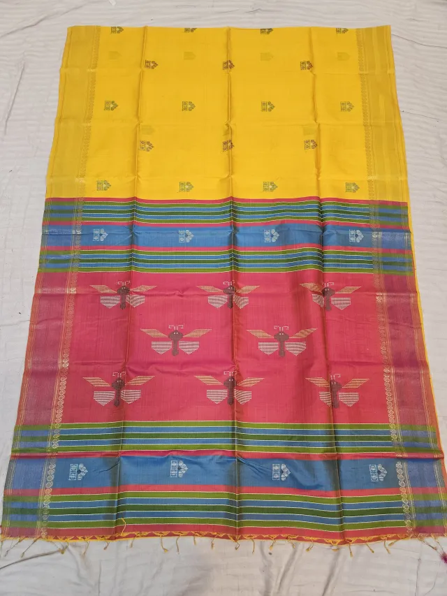 Sunshine Yellow Pure Bishnupur Katan Silk Kalakshetra Saree with Rani Pink Butterfly Motif Pallu