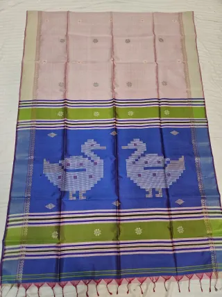 Blush Pink Pure Bishnupur Katan Silk Kalakshetra Saree with Royal Blue Swan Motif Pallu