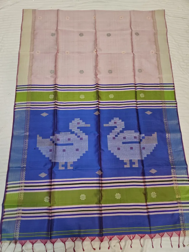 Blush Pink Pure Bishnupur Katan Silk Kalakshetra Saree with Royal Blue Swan Motif Pallu