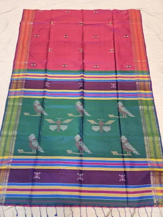 Raspberry Red Pure Bishnupur Katan Silk Kalakshetra Saree with Bottle Green Bird & Butterfly Motif Pallu