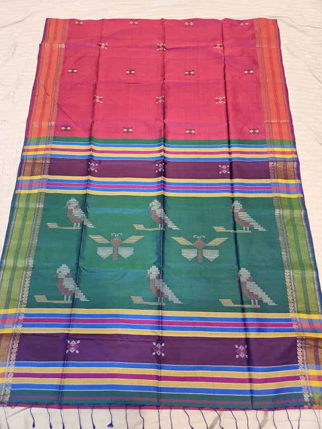 Raspberry Red Pure Bishnupur Katan Silk Kalakshetra Saree with Bottle Green Bird & Butterfly Motif Pallu