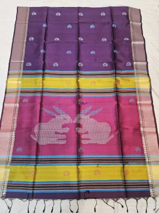 Plum Purple Pure Bishnupur Katan Silk Kalakshetra Saree with Berry Magenta Rabbit Motif Pallu