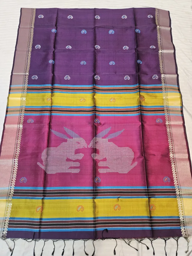 Plum Purple Pure Bishnupur Katan Silk Kalakshetra Saree with Berry Magenta Rabbit Motif Pallu