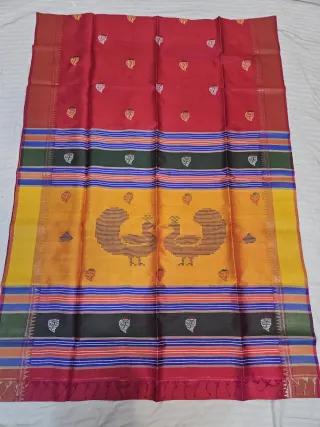 Crimson Red Pure Bishnupur Katan Silk Kalakshetra Saree with Sunshine Yellow Peacock Motif Pallu