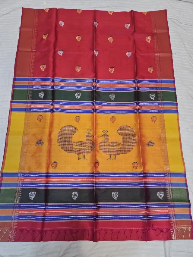 Crimson Red Pure Bishnupur Katan Silk Kalakshetra Saree with Sunshine Yellow Peacock Motif Pallu