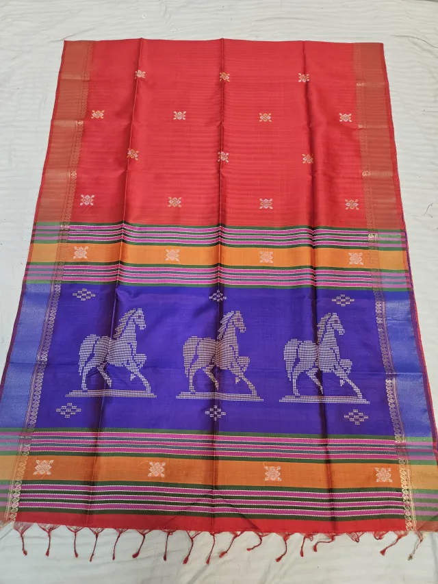Scarlet Red Pure Bishnupur Katan Silk Kalakshetra Saree with Royal Blue Horse Motif Pallu