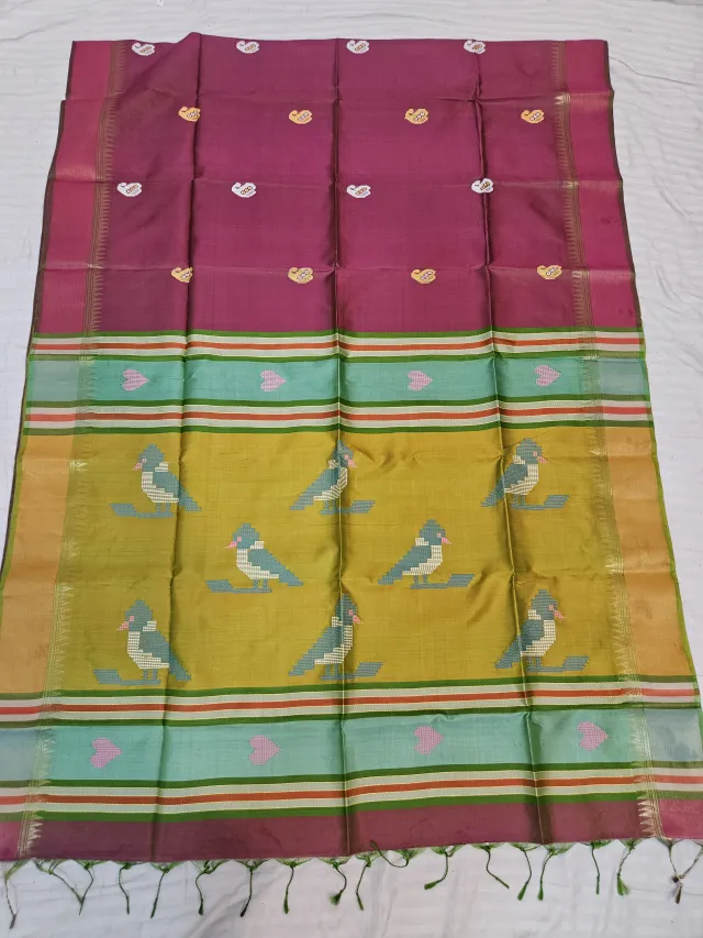 Magenta Pure Bishnupur Katan Silk Kalakshetra Saree with Mustard Yellow Bird Motif Pallu