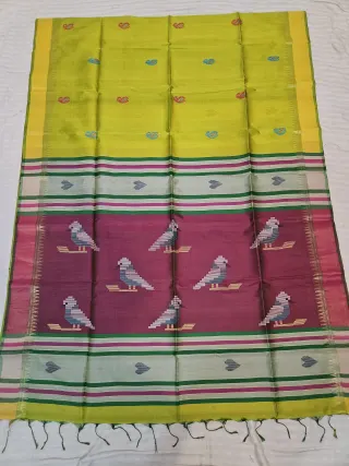 Vibrant Yellow Pure Bishnupur Katan Silk Kalakshetra Saree with Plum Wine Bird Motif Pallu