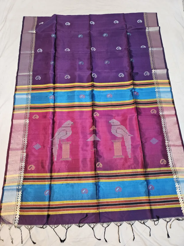 Plum Purple Pure Bishnupur Katan Silk Kalakshetra Saree with Berry Magenta Parrot Motif Pallu