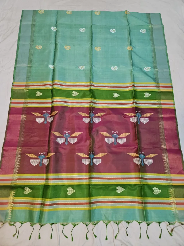 Sea Green Pure Bishnupur Katan Silk Kalakshetra Saree with Plum Magenta Butterfly Motif Pallu