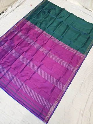 Peacock Green and Purple Inchi Par Zari Striped Pallu Pure Bishnupur Katan Silk Saree
