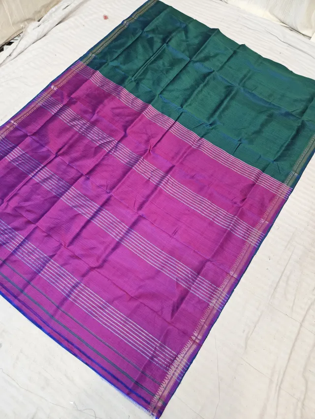 Peacock Green and Purple Inchi Par Zari Striped Pallu Pure Bishnupur Katan Silk Saree
